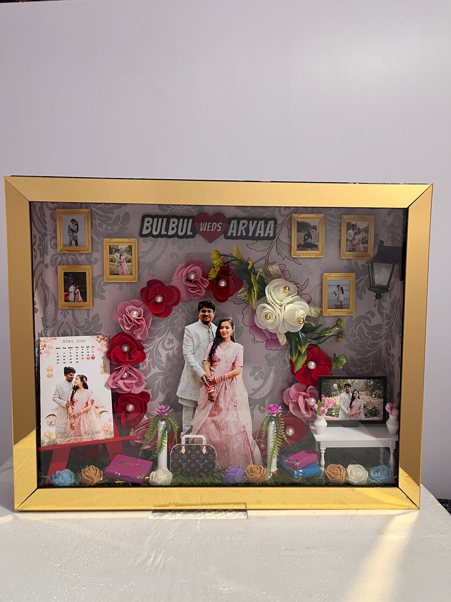 Personalized 3D Wedding Anniversary Shadow Box with LED Lights & Miniature Decor