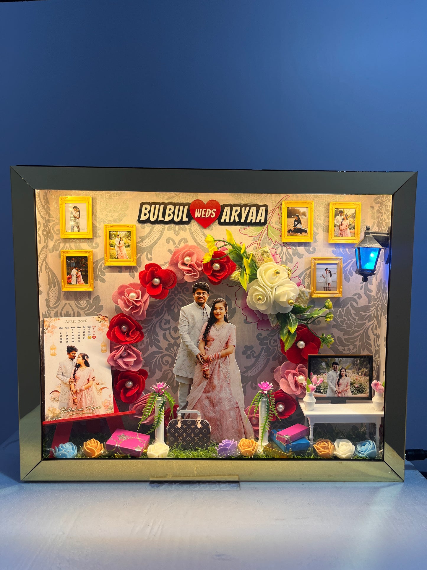 Personalized 3D Wedding Anniversary Shadow Box with LED Lights & Miniature Decor