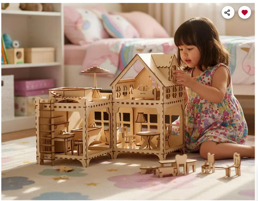 Wooden Dollhouse with Furniture | Multi-Storey Miniature Play House for Kids